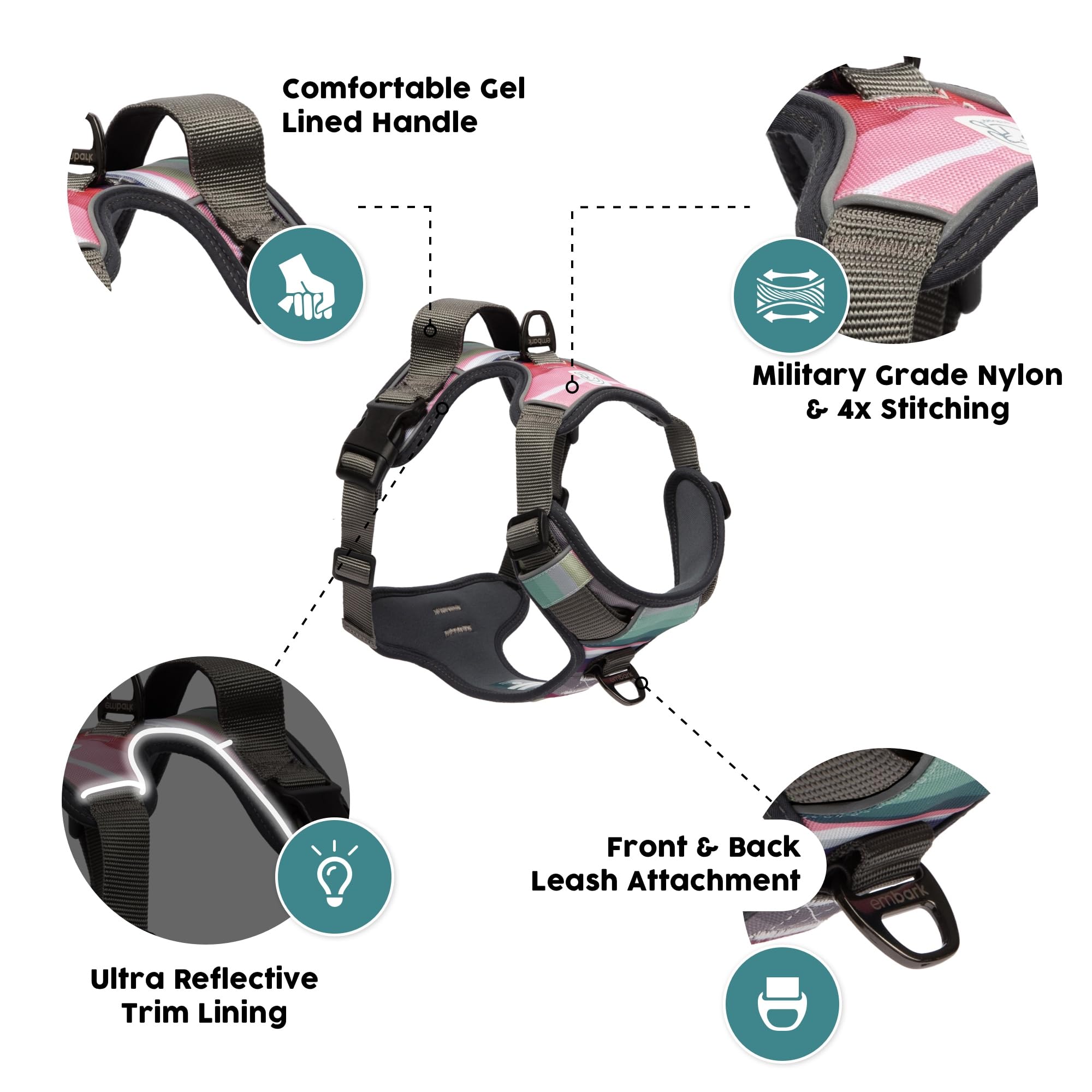 Embark Pets Embark Adventure Harness gel handle provides comfortable grip during excited exits.