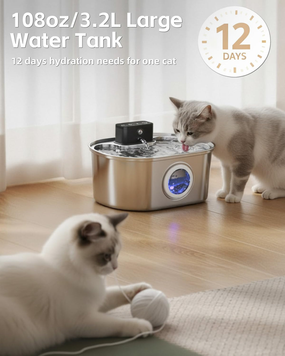 Emdoro cat water fountain 3-2l capacity: reduces refills, keeping water available for longer.