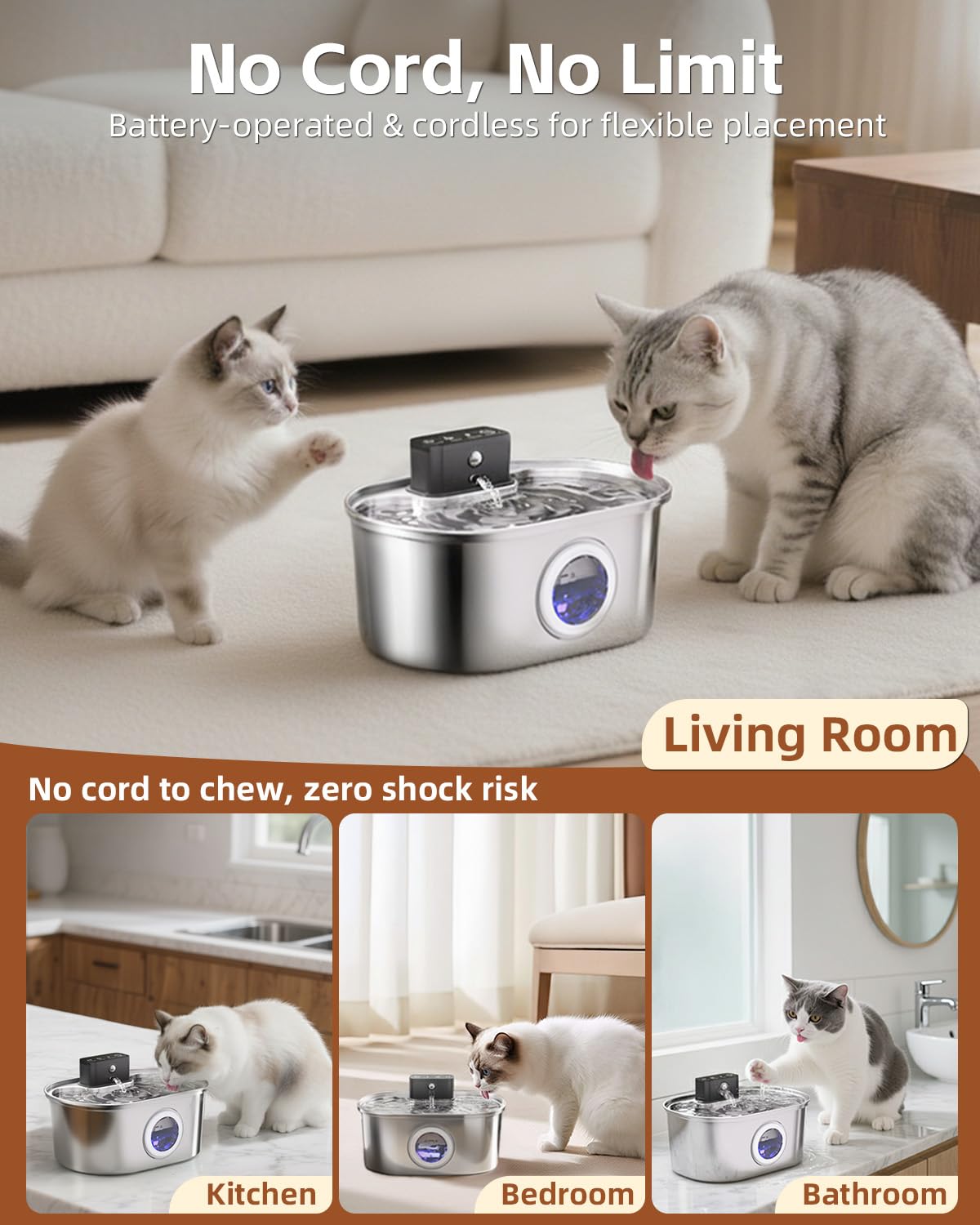 Emdoro cat water fountain battery life: up to 45 days per charge for busy households.