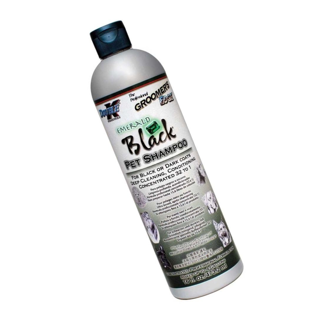 Emerald Black shampoo close-up illustrating its cleansing formula for pets.