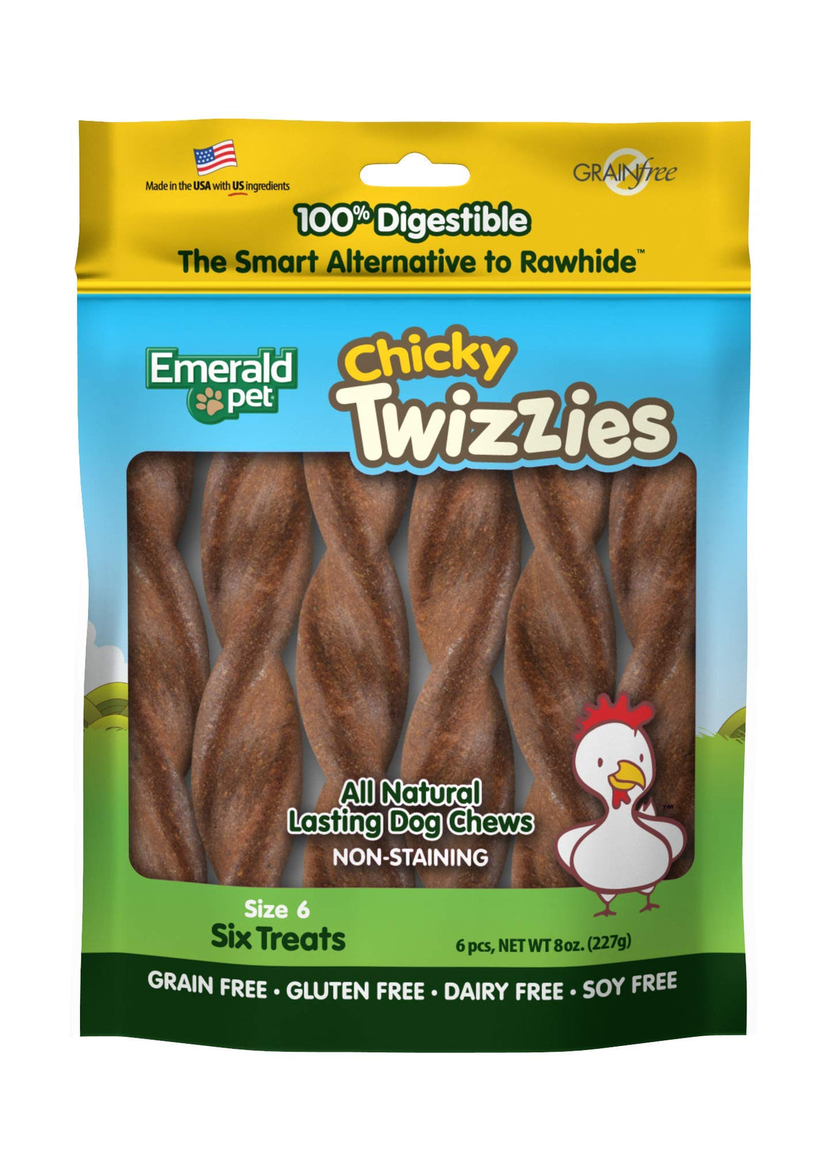 Emerald Pet Twizzies Chicky Chicken 6-inch lasting chew for dogs, ideal for long-lasting play sessions.
