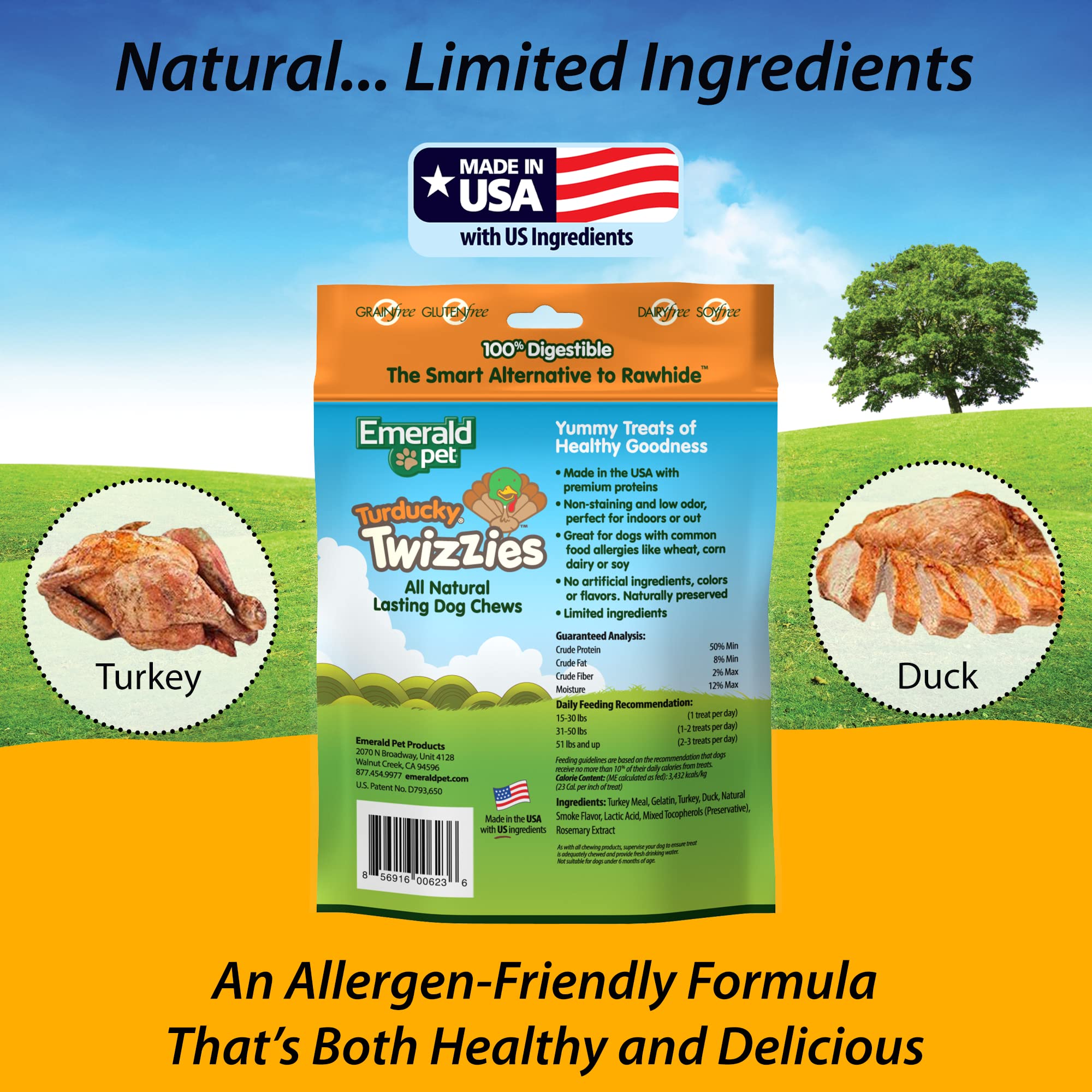 Emerald Pet Twizzies digestible chews close-up emphasizing 100% digestible formula.