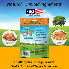 Emerald Pet Twizzies digestible chews close-up emphasizing 100% digestible formula.