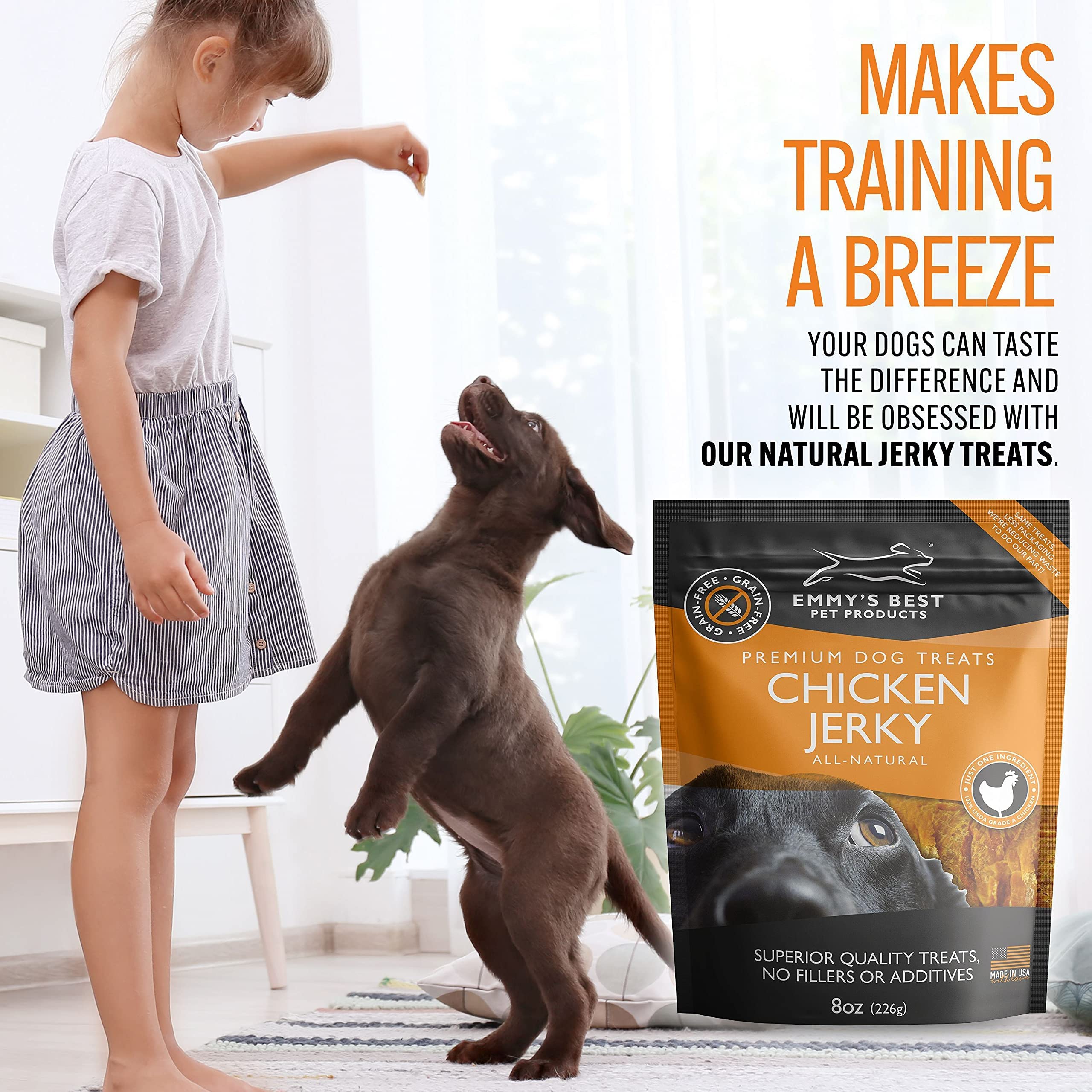 Emmy's Best EBPP dog joy shot suggests tasty treats that promote happy mealtimes.