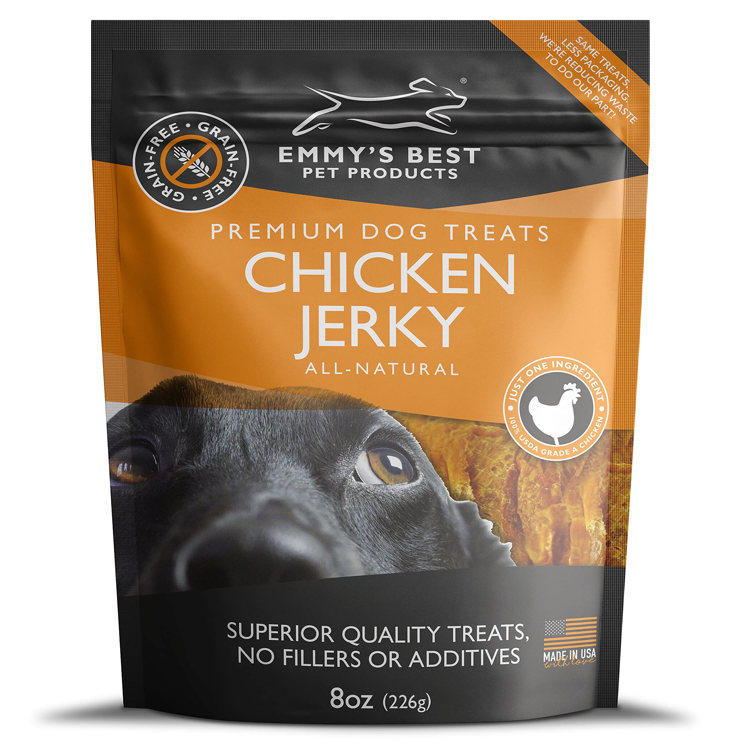 Emmy's Best EBPP chicken jerky packaging signals USA-made, all-natural dog treats ready for stocking.