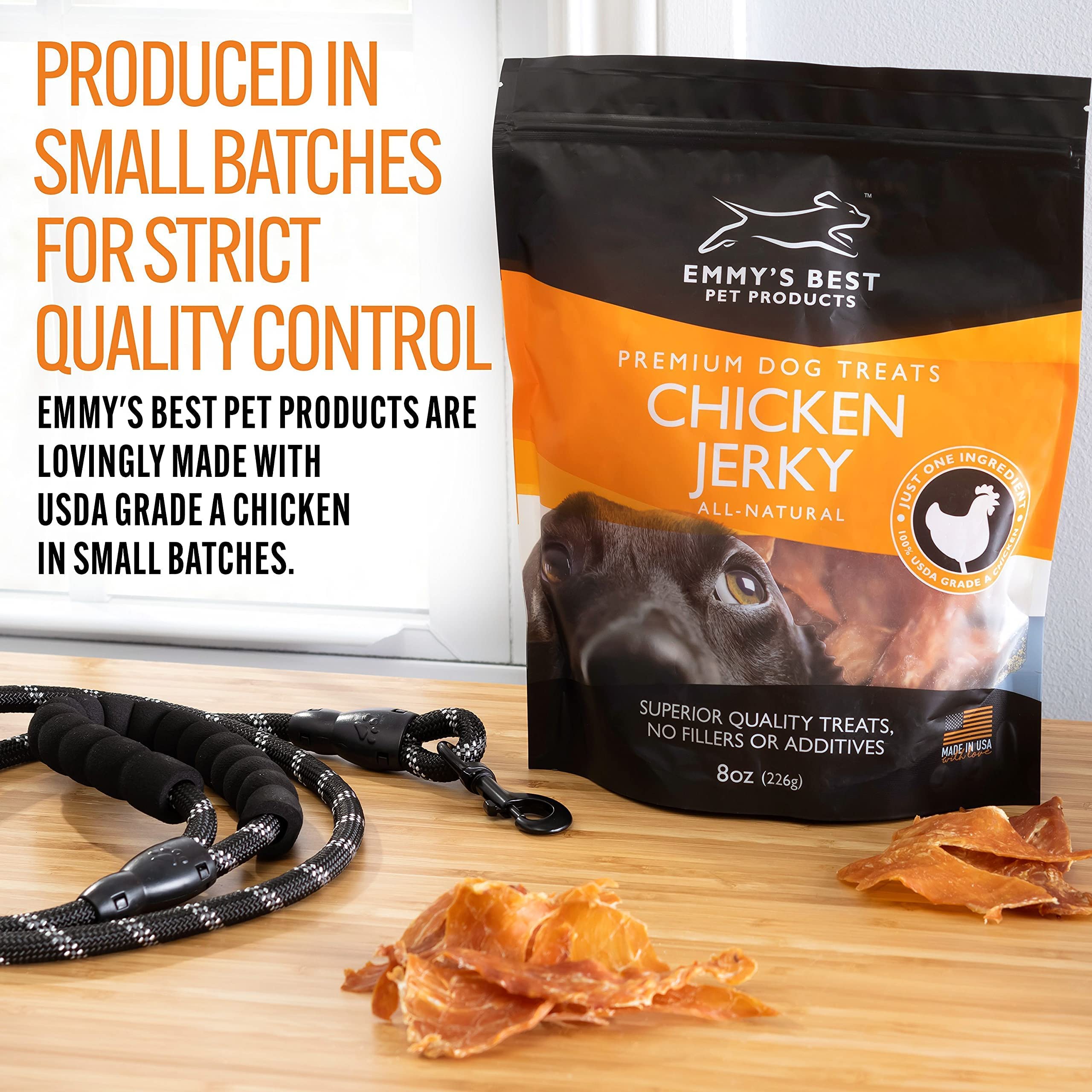 Emmy's Best EBPP chicken jerky piece demonstrates flexible portioning for training rewards.