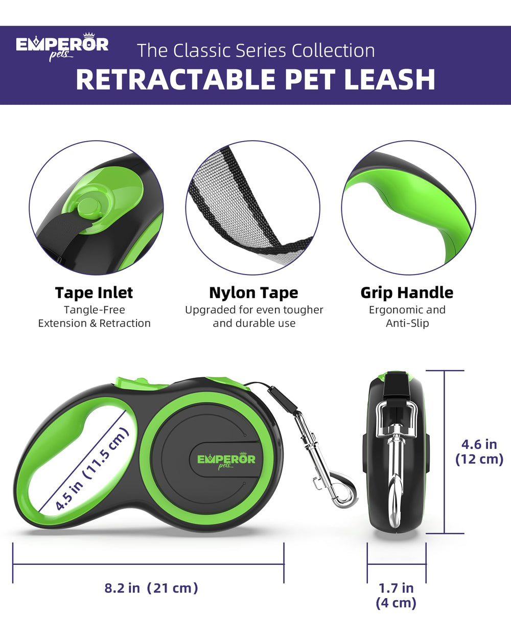 Emperor Pets 26ft retractable leash provides extended roaming space for outdoor adventures.