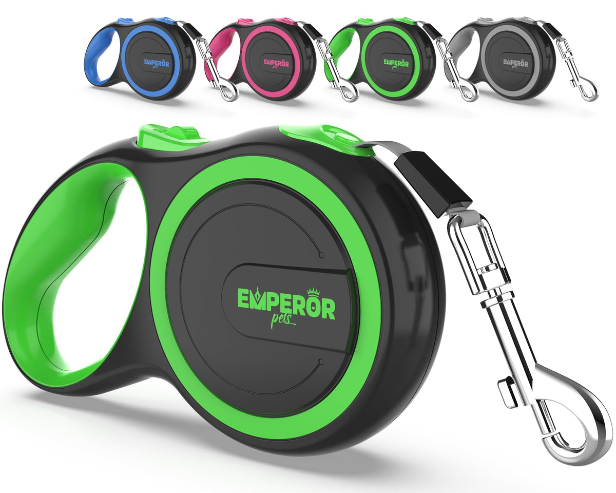 Emperor Pets green 26ft retractable leash for large dogs offers flexible control during outdoor walks.