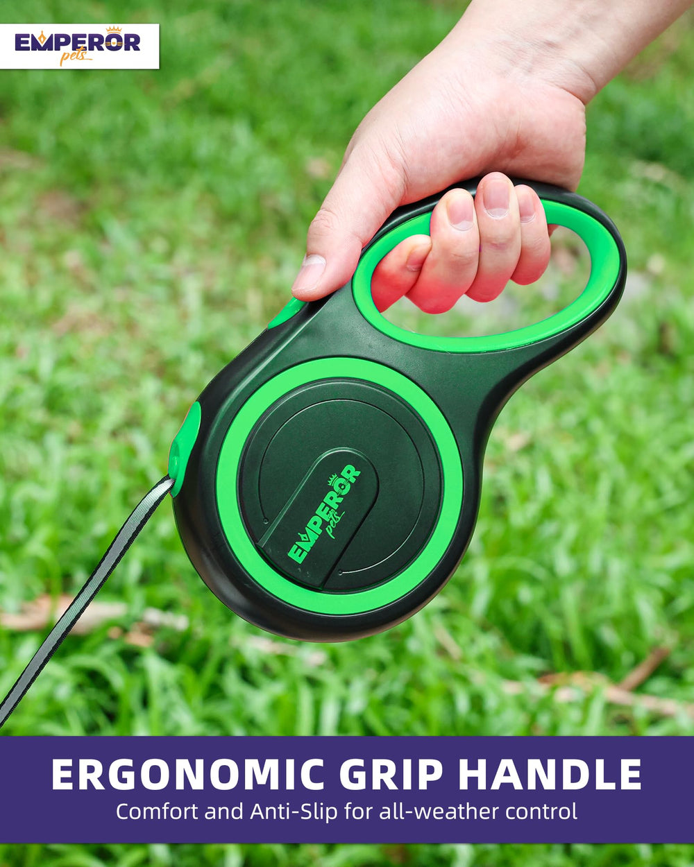 Emperor Pets 360-degree tangle-free nylon tape demonstrates smooth retraction for worry-free walks.