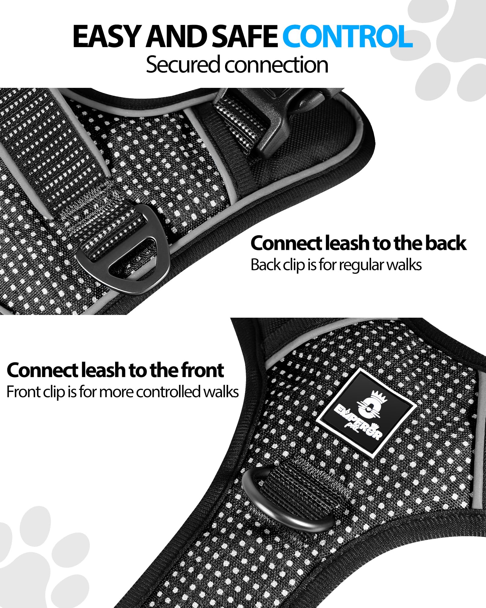 Emperor Pets Reflective Harness small demonstrating two leash clips for front and back options