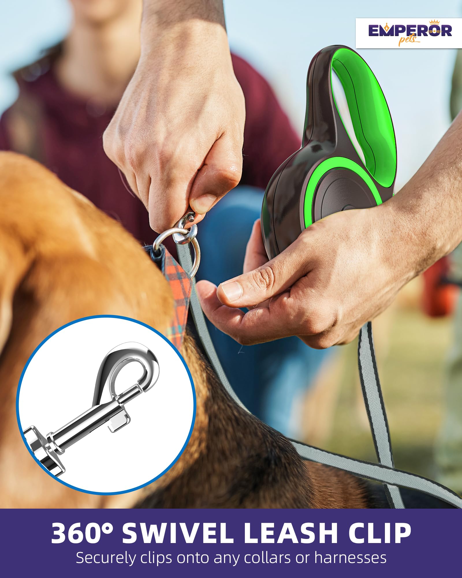 Emperor Pets rust-proof swivel hook maintains secure attachment on varied terrain.