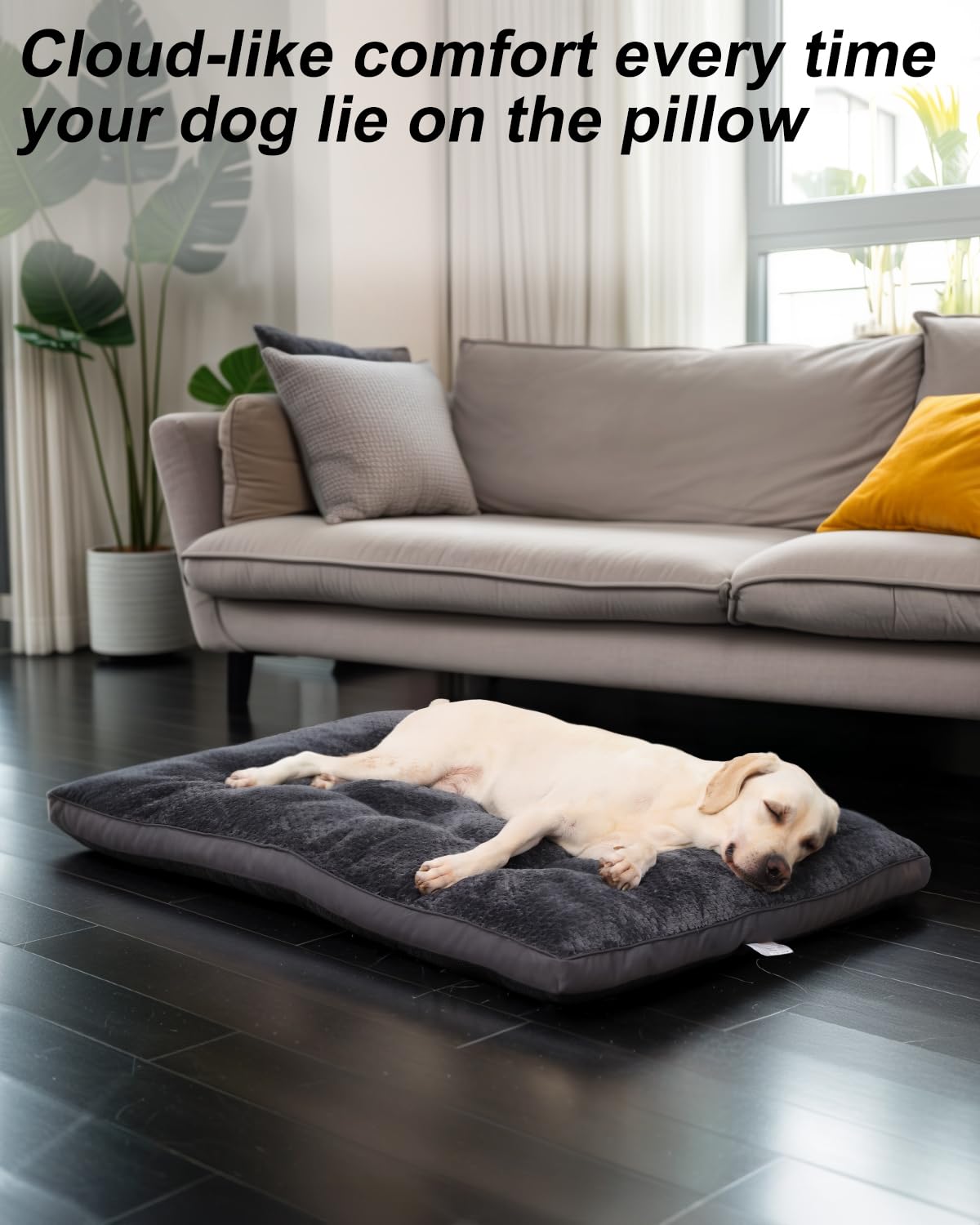 EMSLX dog bed dark grey fabric detail in crate environment.