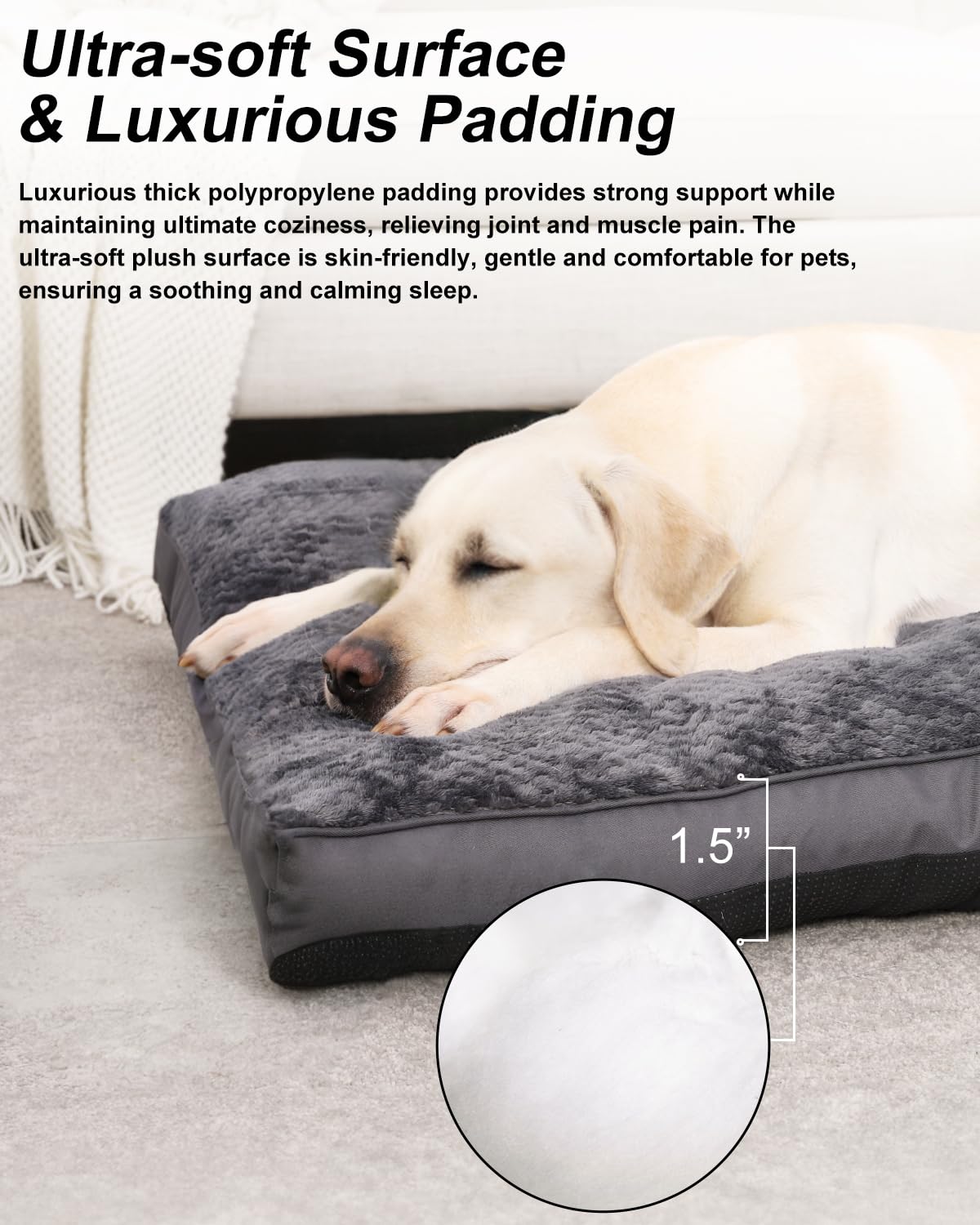 EMSLX dog bed machine-washable fabric closeup highlighting easy cleaning.
