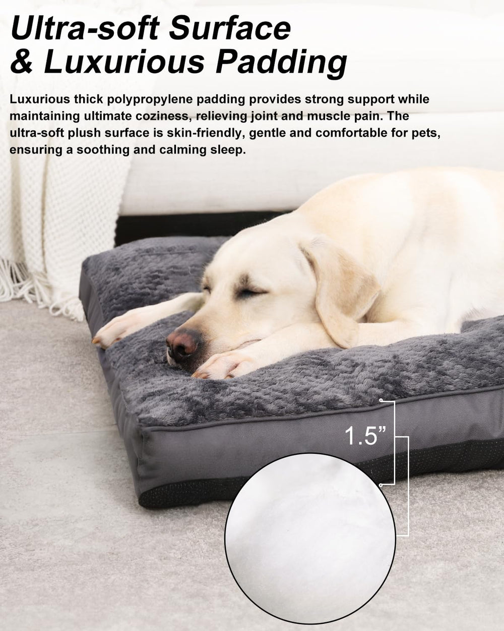 EMSLX dog bed machine-washable fabric closeup highlighting easy cleaning.