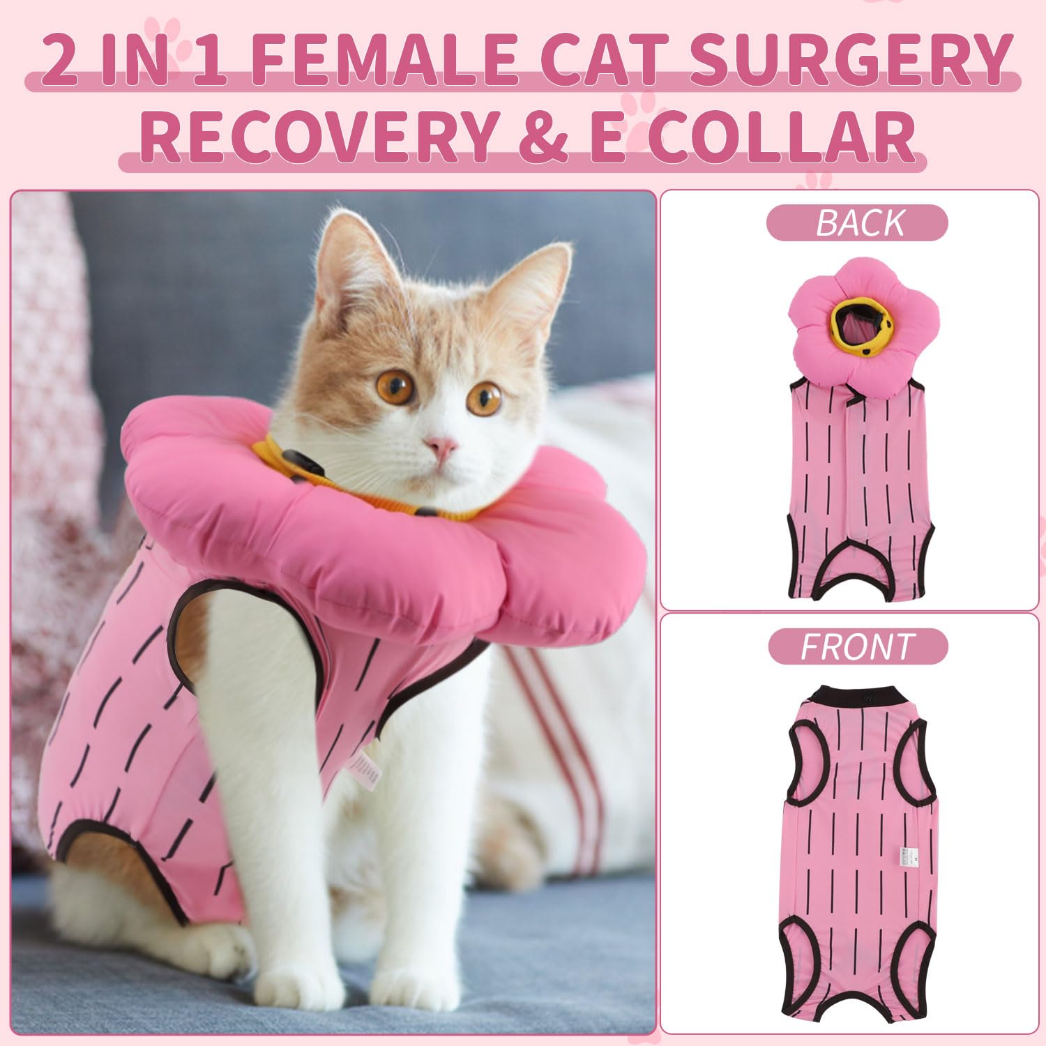 EMUST cat recovery suit back view shows wide Velcro straps for easy wear.