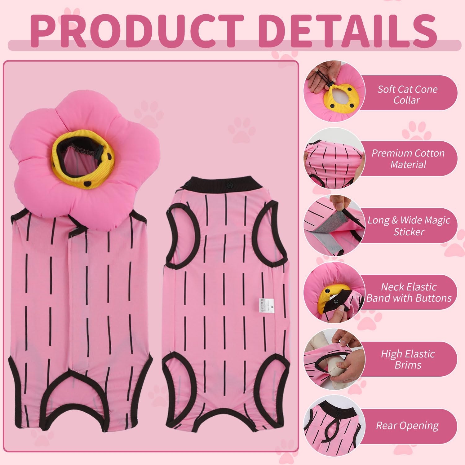 EMUST flower neck collar design on cat recovery suit with adjustable support during recovery.