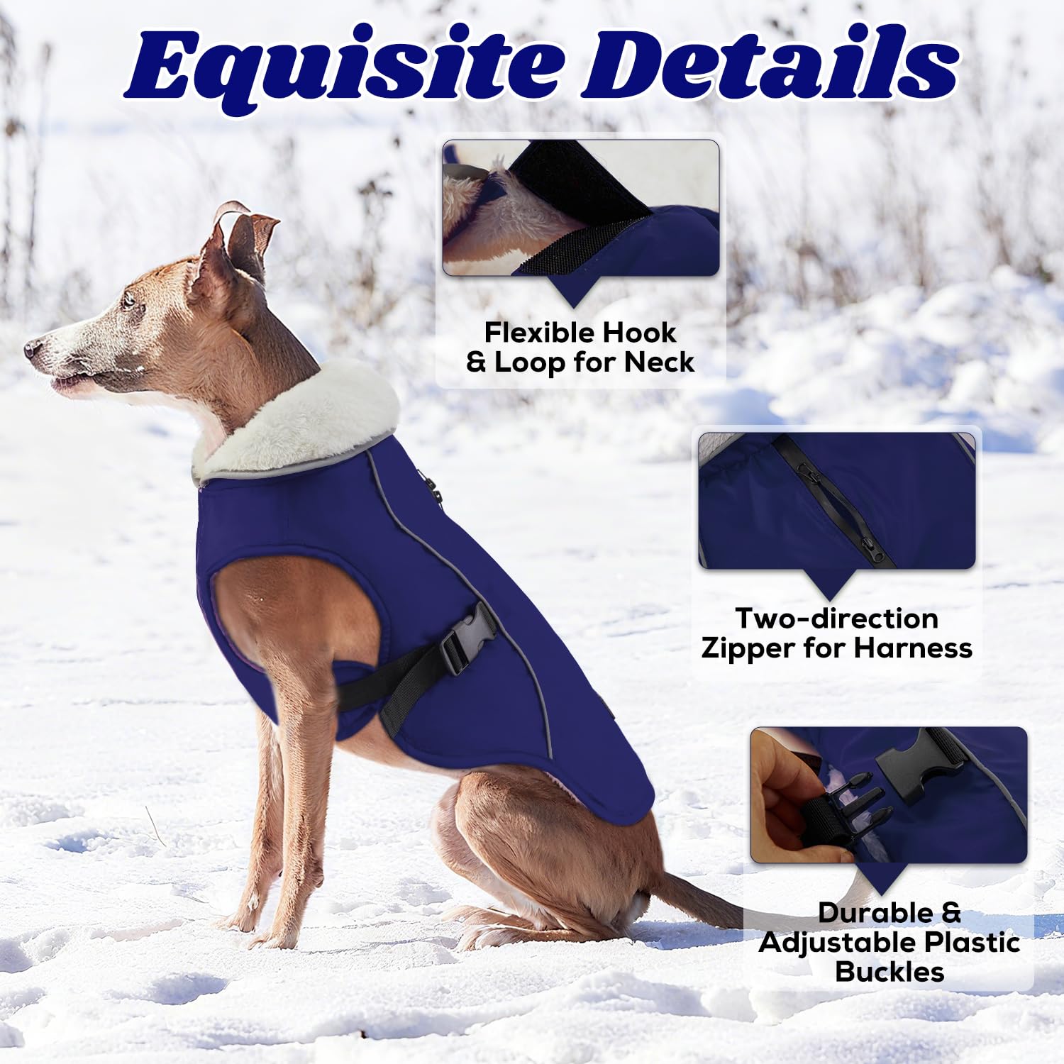 EMUST dog coat blue L fleece-lined interior adds warmth during winter outings.
