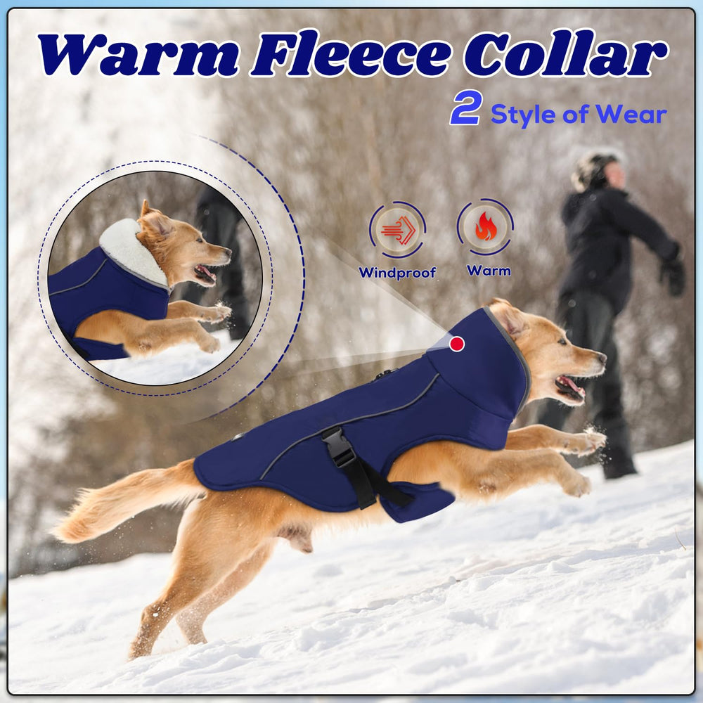 EMUST blue L coat features harness zipper and adjustable belly buckles for secure fit.