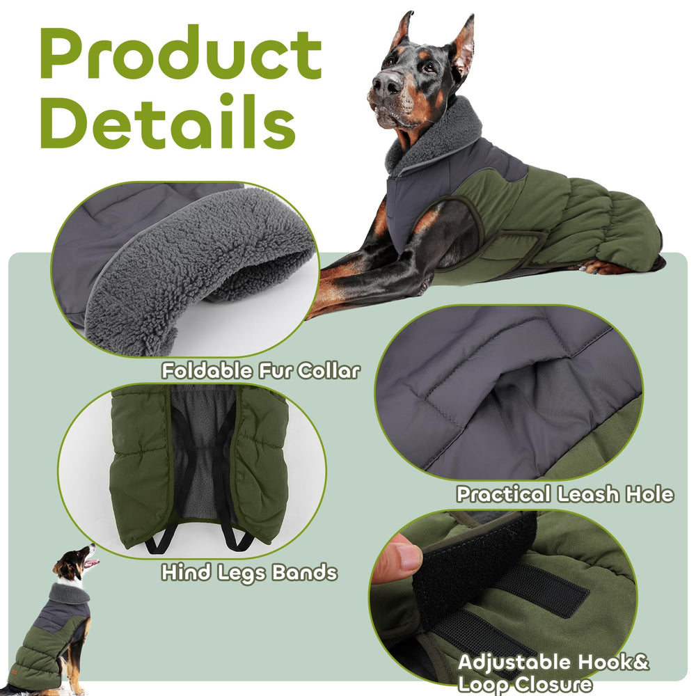 EMUST dog coat large green back view shows plush collar and snug fit.