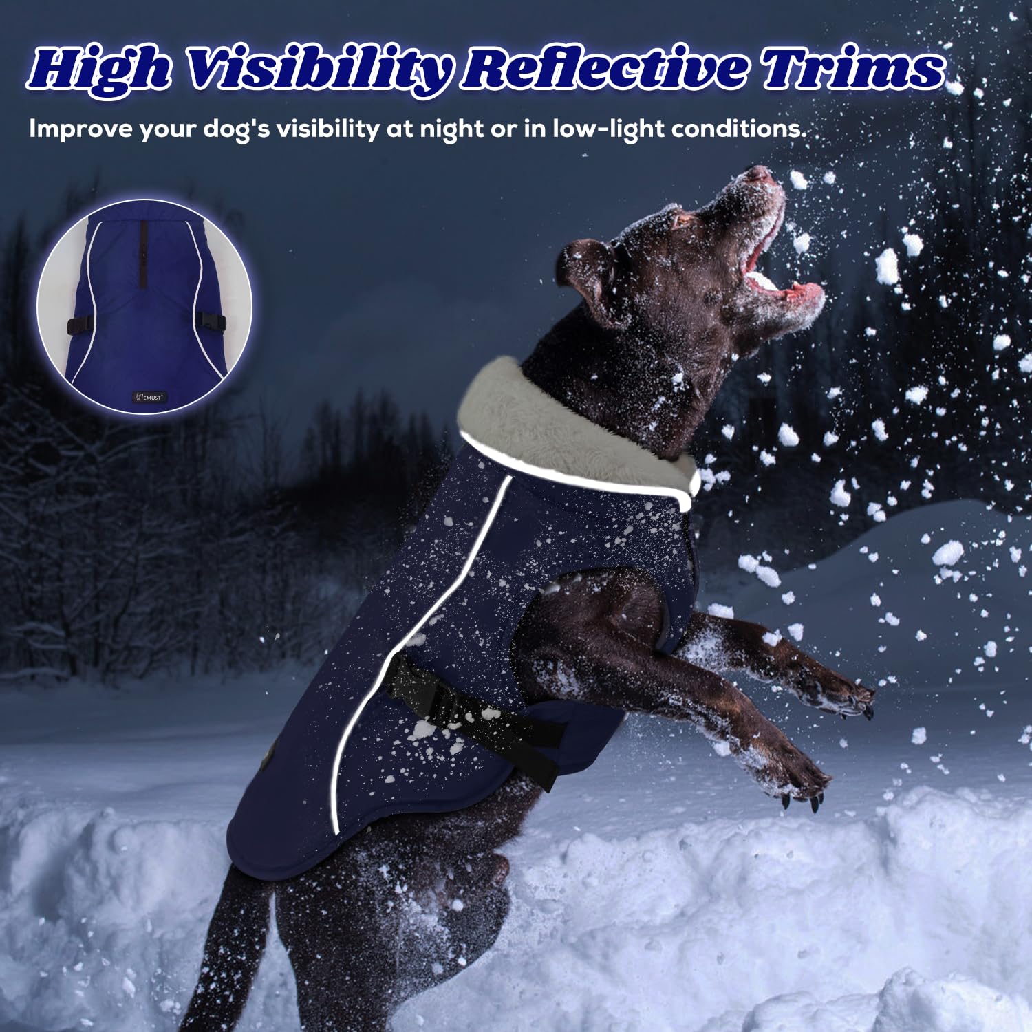 EMUST dog jacket winter blue M reflective brim boosts dusk visibility