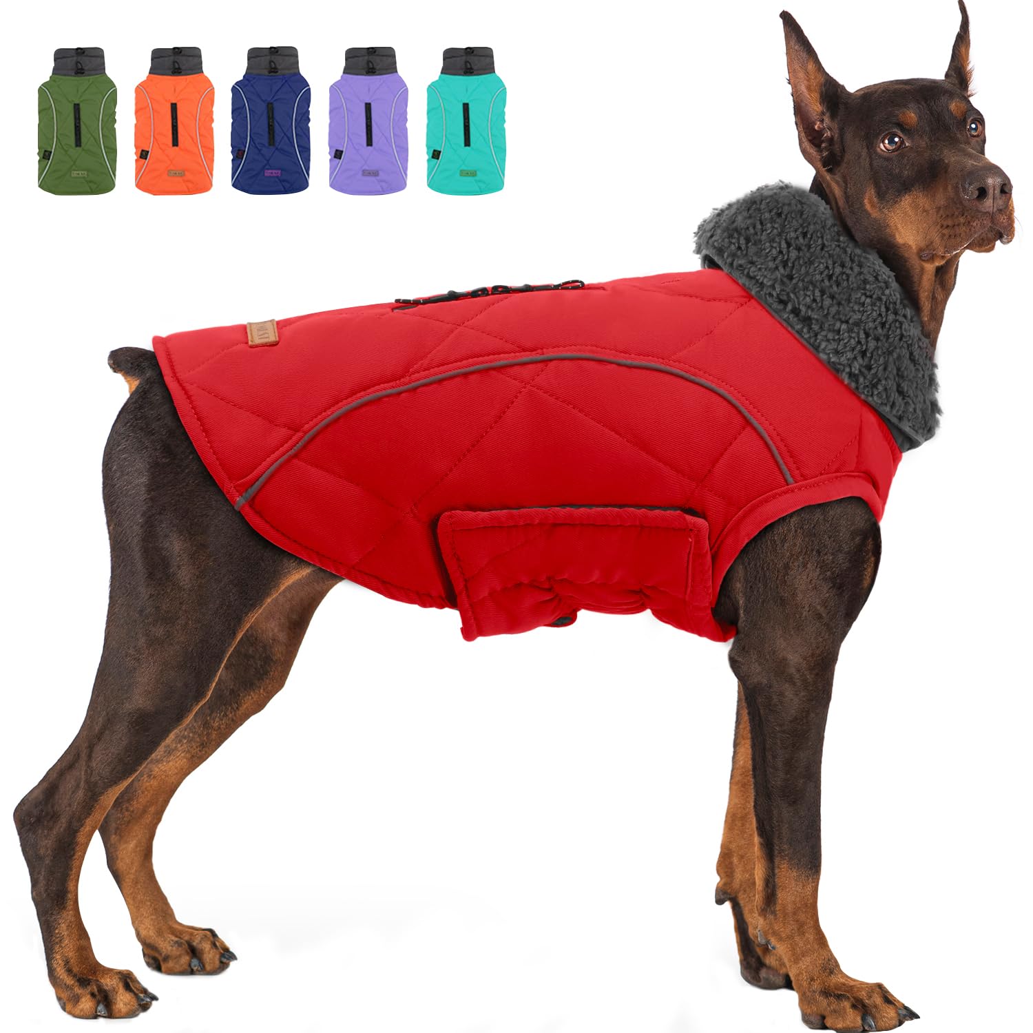 EMUST dog jacket winter red front view provides warmth for cold day walks