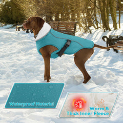 EMUST dog jacket winter zipper detail for easy harness access.