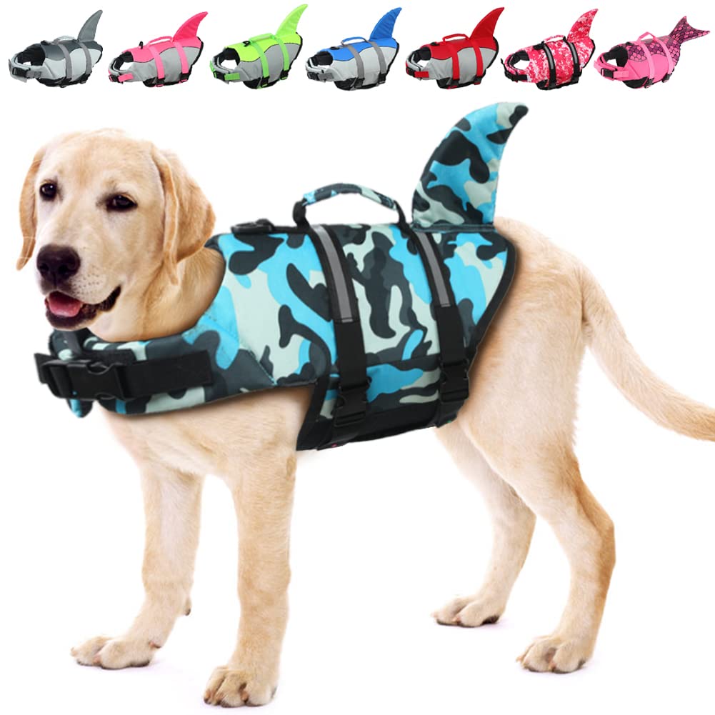 EMUST dog life jacket blue camouflage front view demonstrating buoyant comfort for water fun