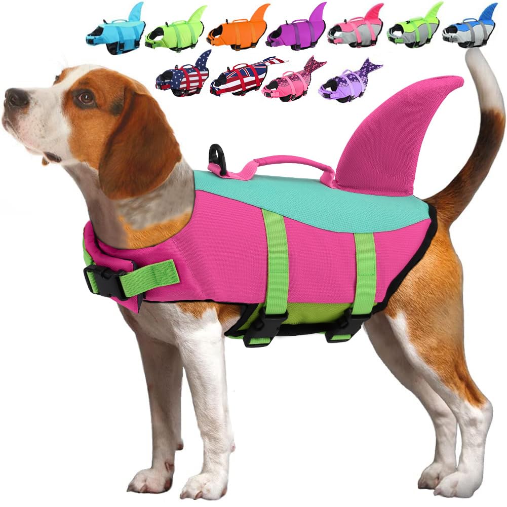 EMUST dog life jacket front view highlights buoyant ripstop material for secure swimming.