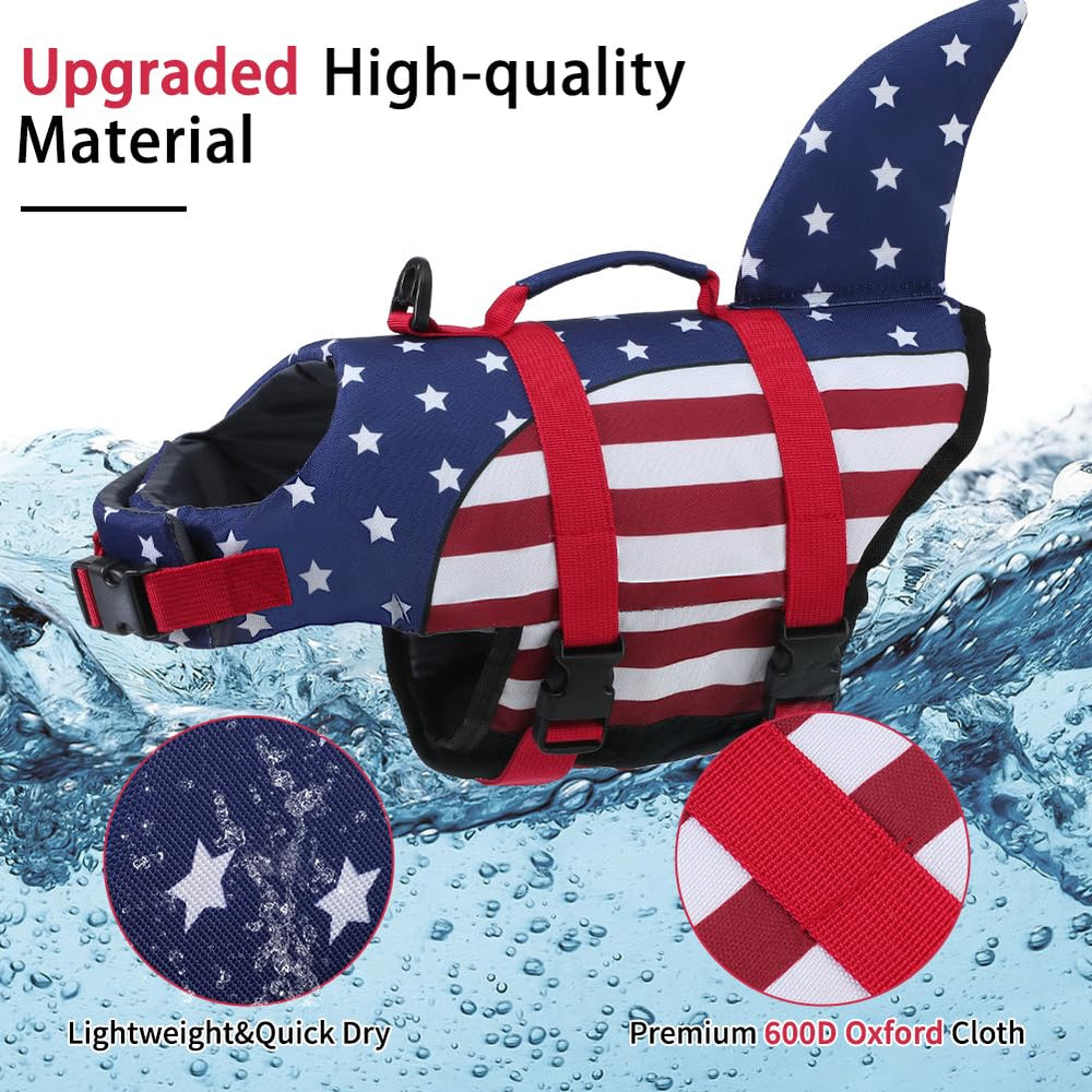 EMUST dog life jacket shark back view emphasizes visibility with bright colors.