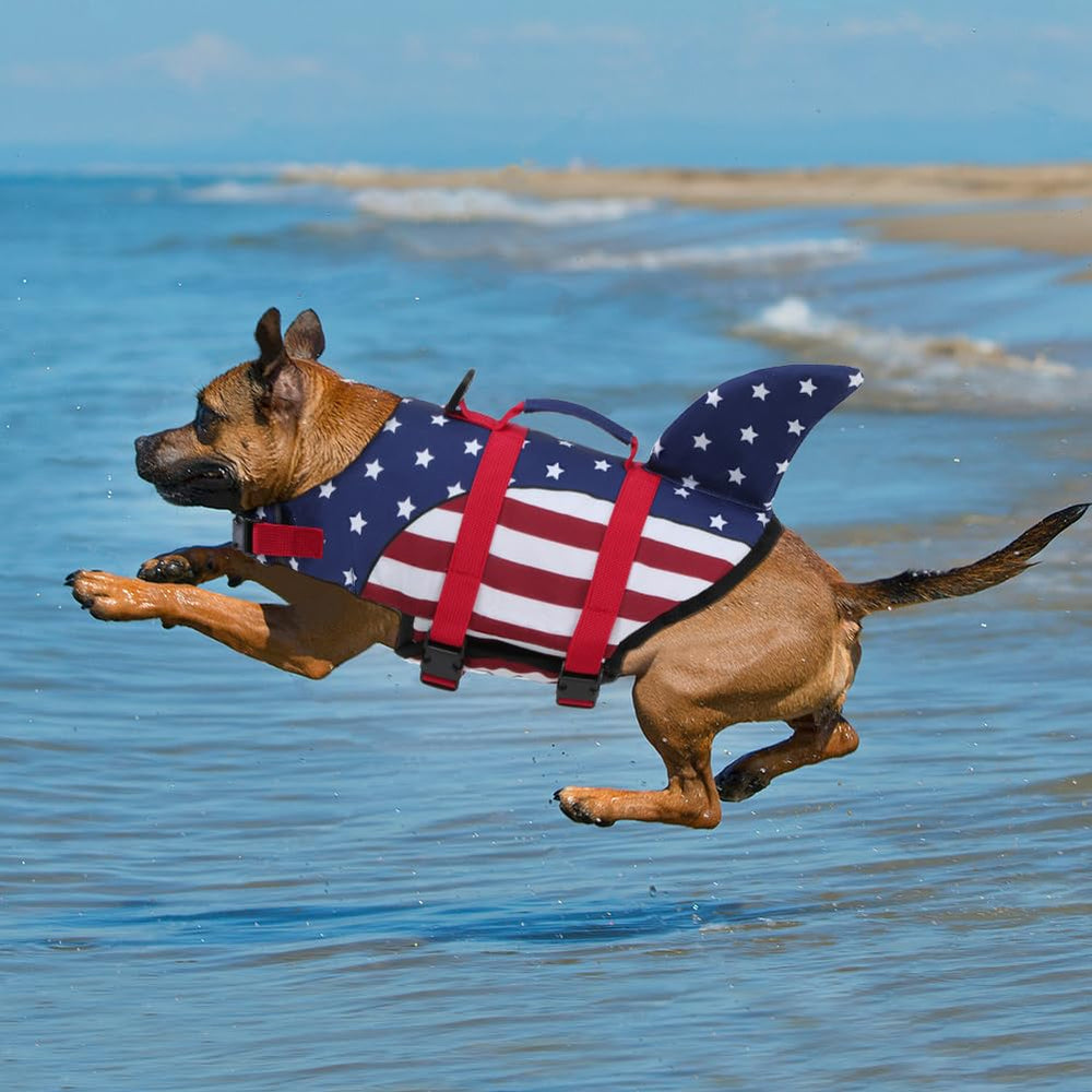 EMUST dog life jacket shark bright colors and reflective stripes boost visibility.