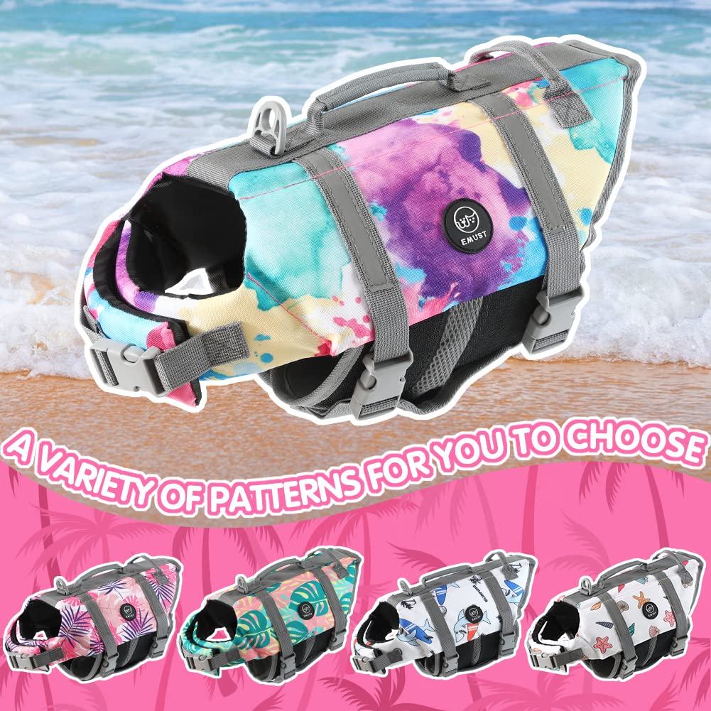 EMUST dog life preserver shows multicolor options for stylish safety.