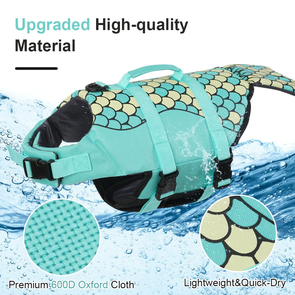 EMUST dog life vest green back view highlighting quick-drying fabric and visibility