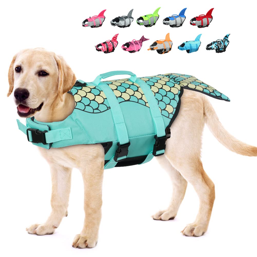 EMUST dog life vest green front view showing buoyant fit for swimming