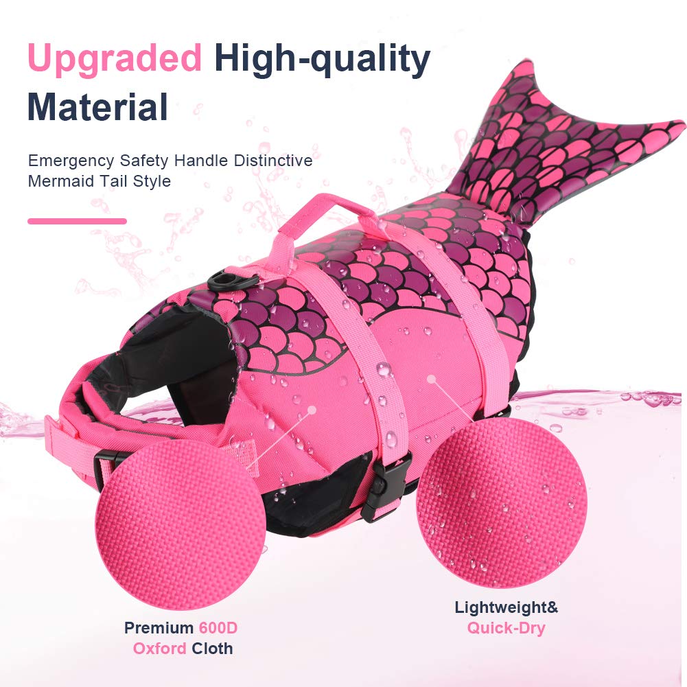 EMUST dog life vest with rescue handle at top for easy lifting from water.