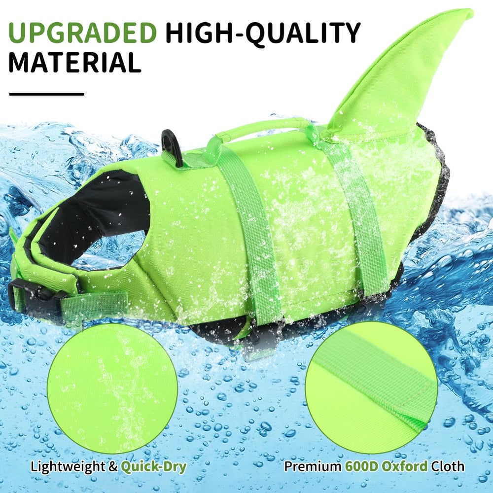 EMUST dog life vest side profile showing adjustable fit for small and medium breeds.