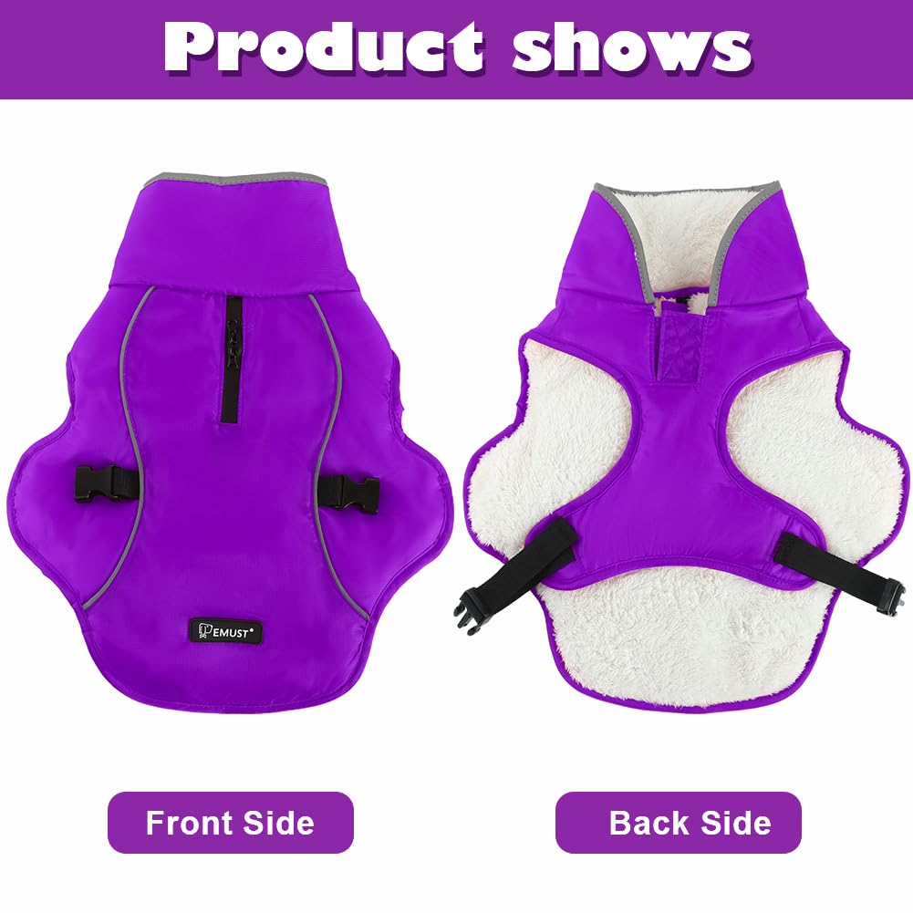 EMUST dog winter coat purple back view highlights secure fit with buckles