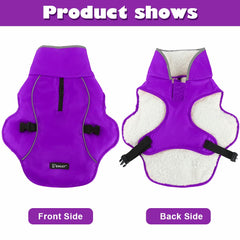 EMUST dog winter coat purple back view highlights secure fit with buckles
