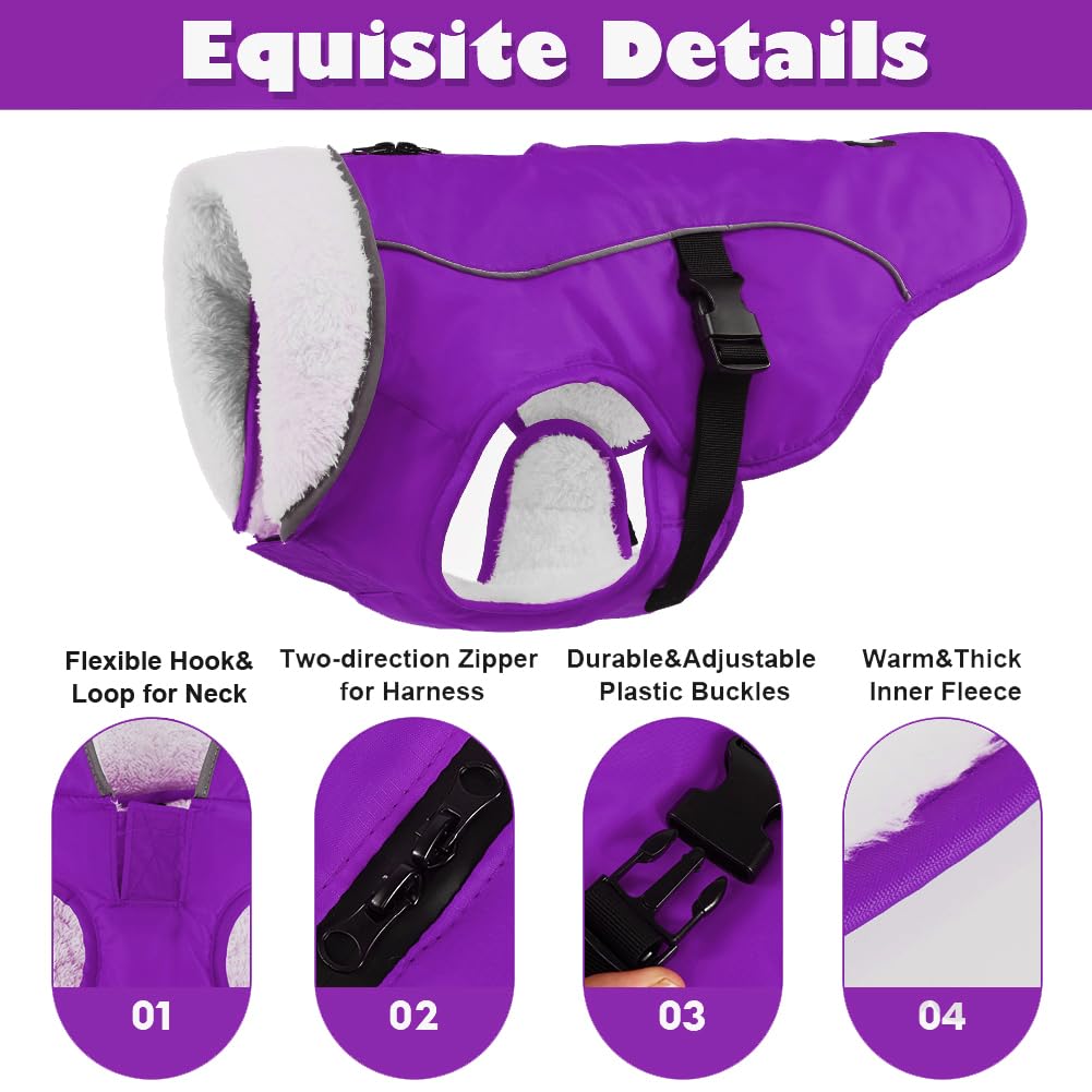 EMUST dog winter coat zipper-harness-access demonstrates easy on/off and harness use