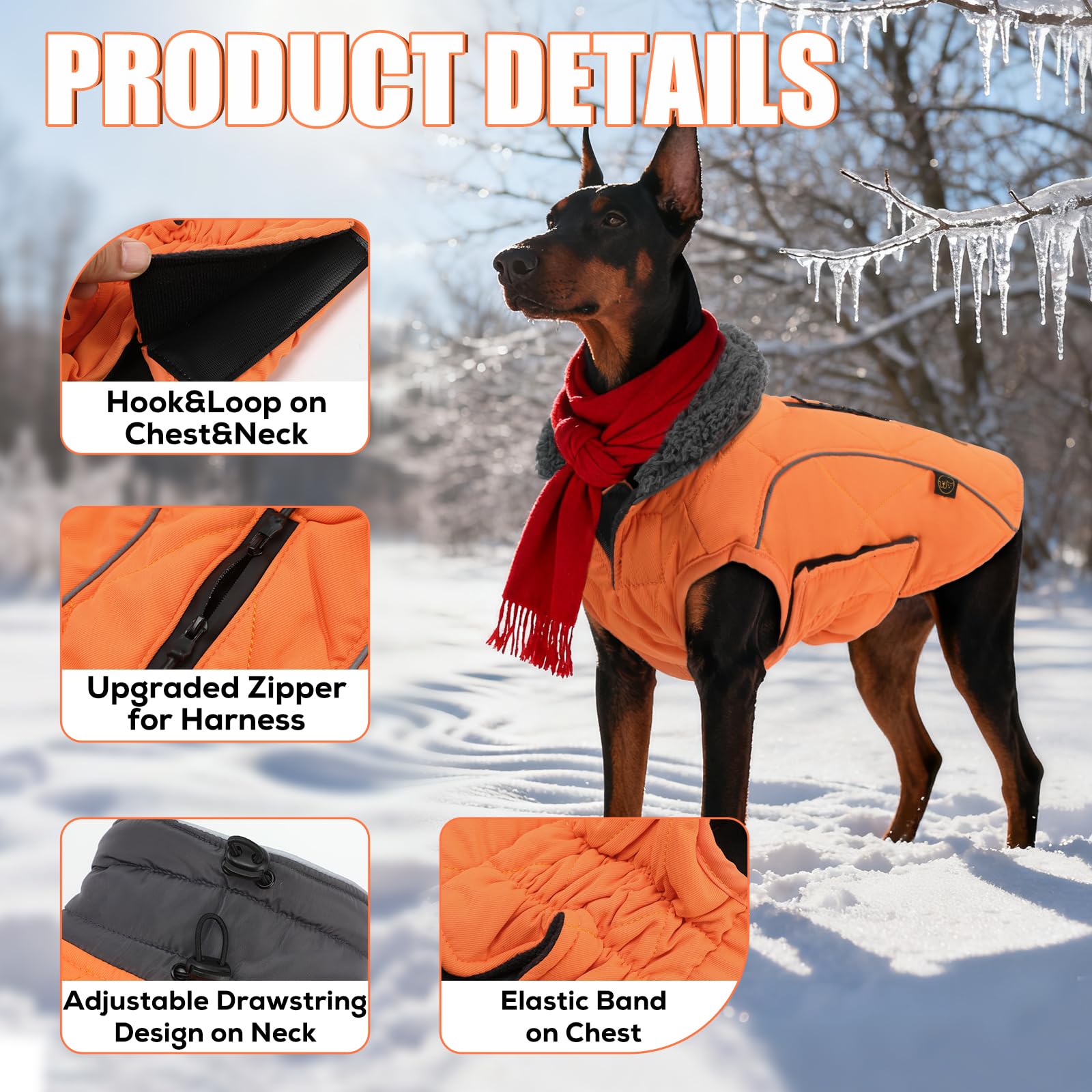 EMUST dog winter jacket back view shows harness-friendly design for outdoor adventures