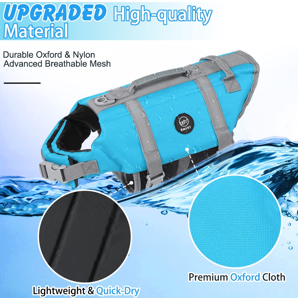 EMUST dog life jacket blue, back view, highlights breathable fabric and fit