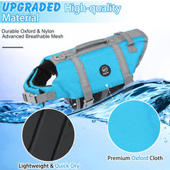 EMUST dog life jacket blue, back view, highlights breathable fabric and fit