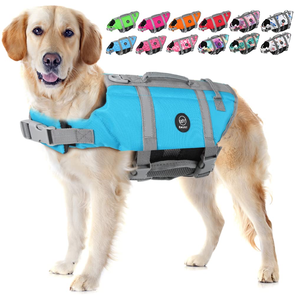 EMUST dog life jacket blue, front view, shows buoyant panels for safe swimming