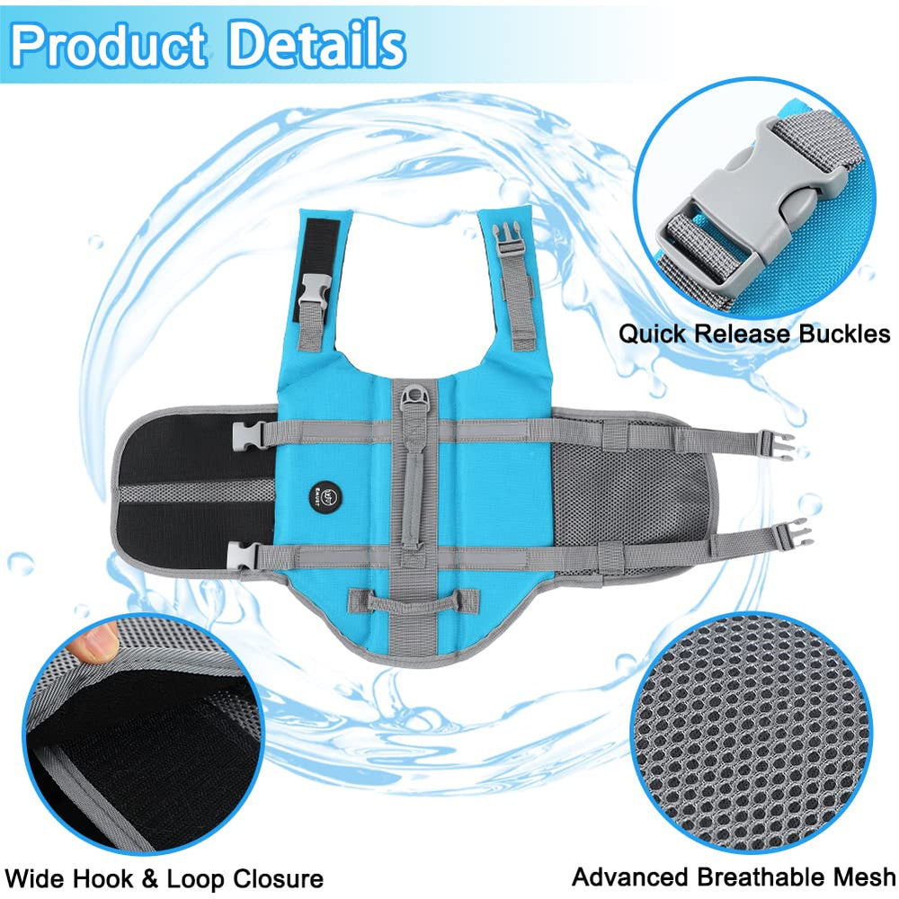 EMUST dog life jacket blue, rescue handle for easy water lifting