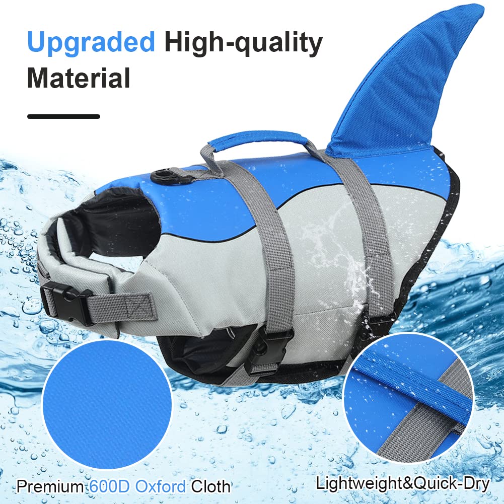 EMUST dog life vest with rescue handle, enables quick lift from water.
