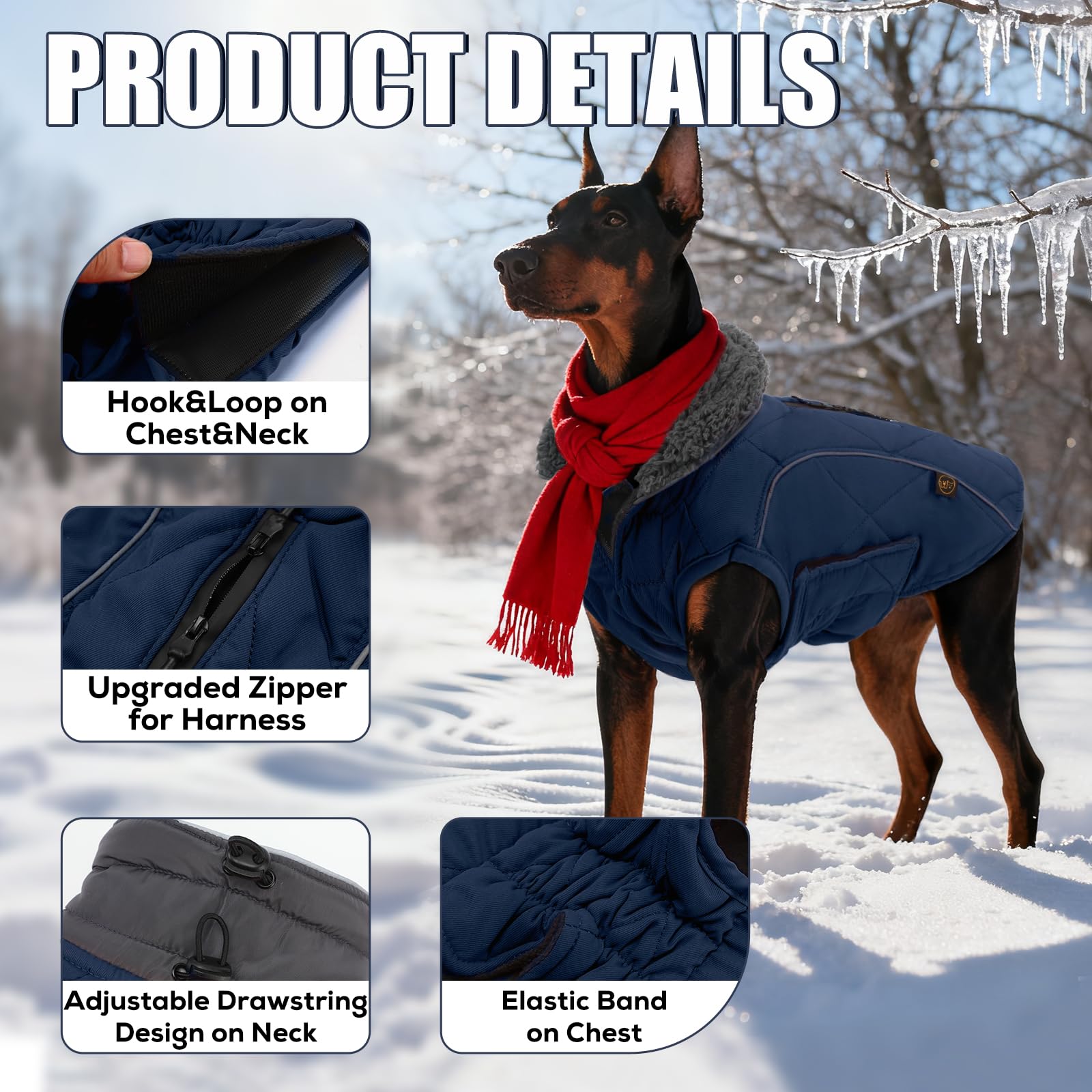 EMUST dog jacket side view shows windproof design for winter adventures.