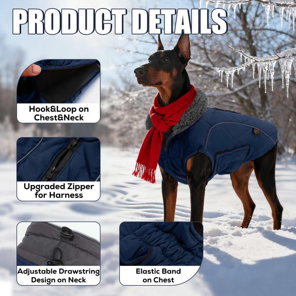 EMUST dog jacket side view shows windproof design for winter adventures.