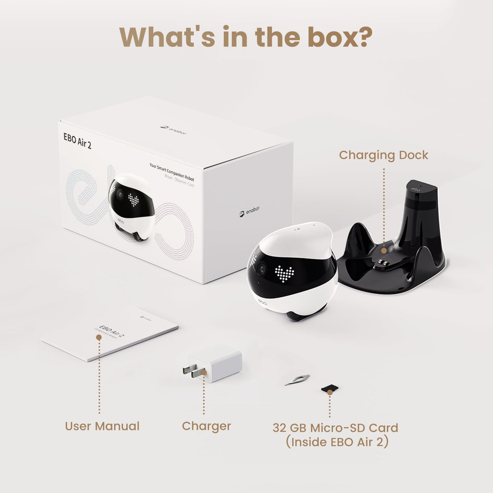 Enabot EBO Air 2 box contents with dock and SD card for quick setup