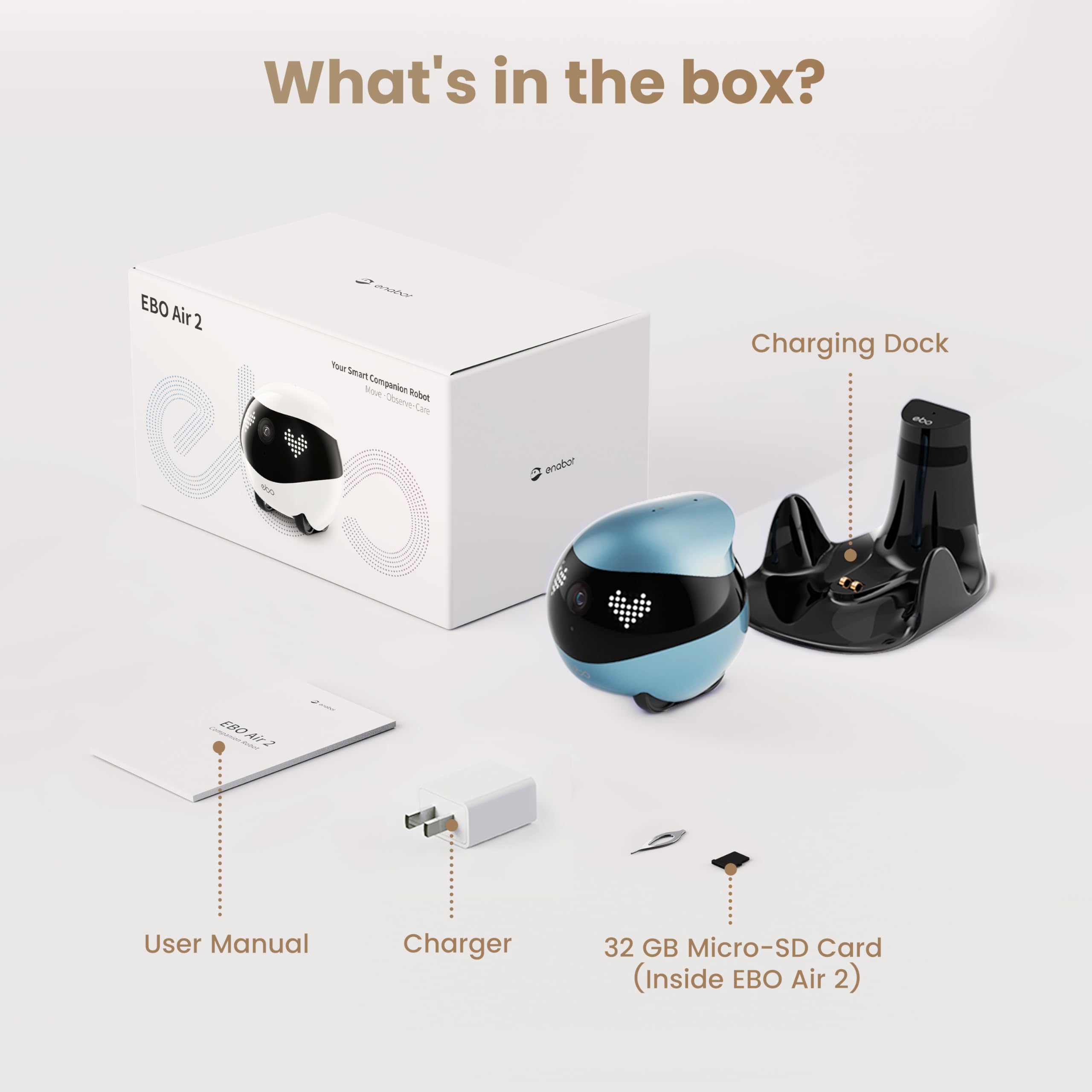 Enabot EBO Air 2 package contents including dock and blue unit.