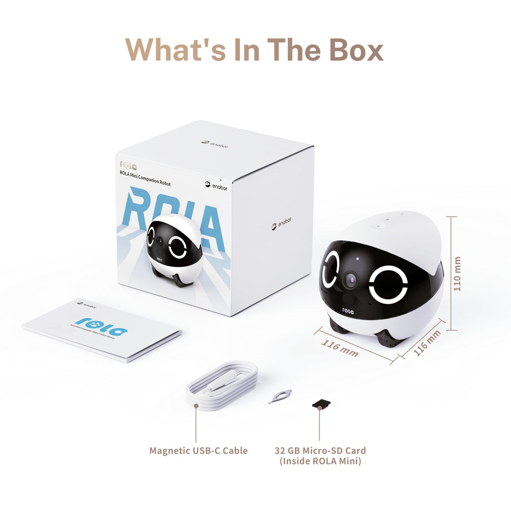 Enabot EBO ROLA Mini box contents include camera robot and accessories.