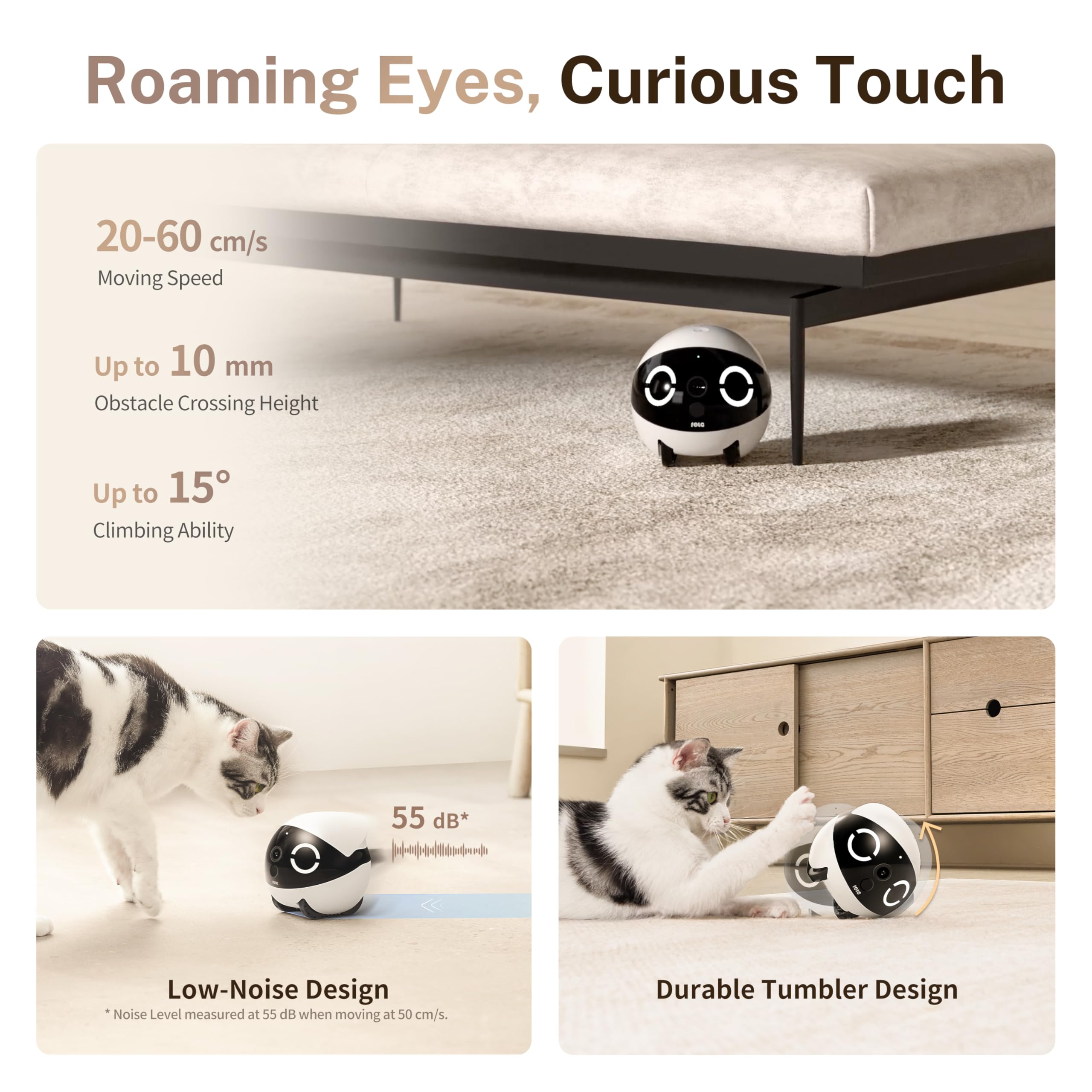 Enabot EBO ROLA Mini self-righting design stays upright during playful moments.